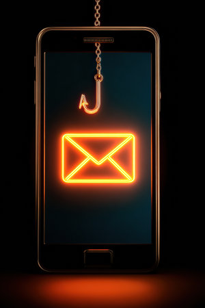 An email symbol is illuminated on a smartphone screen, with a fishing hook suggesting the danger of online fraud, set in a dark environment.の素材