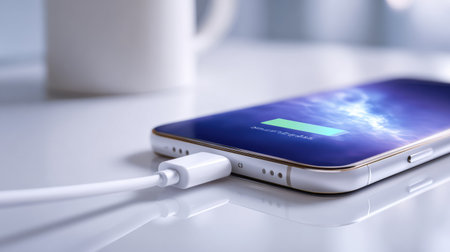 A smartphone sits on a white surface, displaying a fully charged battery while connected to a white charging cable during daylight.の素材