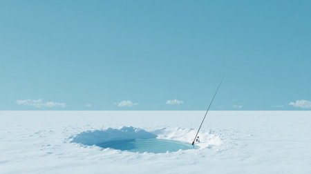 A quiet fishing hole is carved in the snow with a simple rod positioned to catch fish under a clear pastel blue sky, creating a peaceful winter scene.の素材