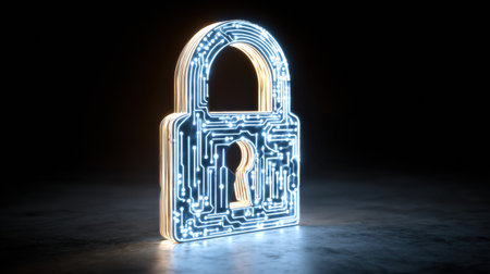 Cyber circuit lines glow to form a padlock shape, illustrating the concept of secure and protected information in a digital environment.の素材