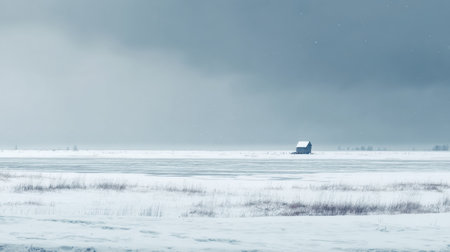 A vast frozen landscape stretches out with a small fishing tent in the distance, highlighting the stillness of winter.の素材