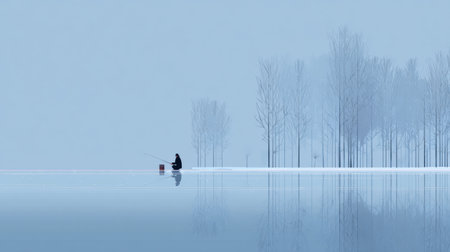 A man sits quietly on the ice, fishing through a hole in the frozen lake, with snow-covered trees in the background on a clear winter day.の素材