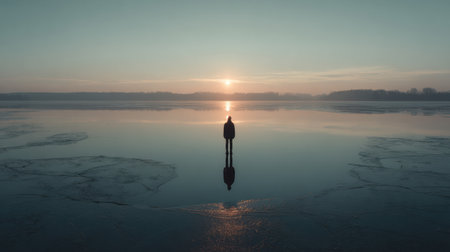 A man stands alone on a frozen lake, fishing quietly as the glowing sun sets on the endless horizon, creating a tranquil atmosphere.の素材