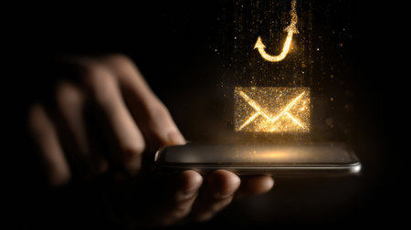 Notification of a phishing email appears on a smartphone screen, illuminated by a glowing hook, highlighting a cyber security risk.の素材