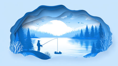A layered design shows a tranquil fishing hole on a frozen lake surrounded by snow-covered trees and mountains at sunrise.の素材