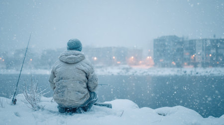 A fisherman sits in a snowstorm beside the water, displaying perseverance and dedication in a harsh winter environment.の素材