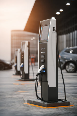 An electric vehicle charging station in a modern city, showing green energy technology with power cables connected, ready for use.の素材