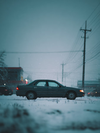A minimalist silhouette of a sedan car is seen under falling snow in a tranquil urban area during the winter evening, creating a serene atmosphere.の素材
