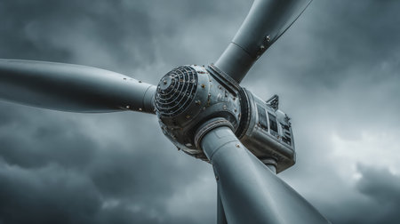 Close view of a wind turbine with spinning blades set against a dramatic cloudy sky, reflecting advancements in renewable energy.の素材