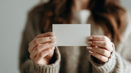 A woman showcases a blank card in her hands, highlighting her manicured nails against a soft focus background.の素材