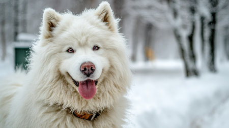 A happy Samoyed dog with fluffy white fur enjoys the snowy landscape, creating a joyful winter scene with a snowy background.の素材