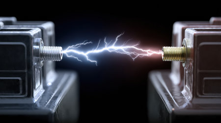 Bright electric spark connects car battery terminals, showcasing a power transfer moment in a dark environment with intense energy.の素材