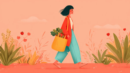 A woman walks through a vibrant landscape, carrying a reusable bag filled with vegetables, embracing sustainable shopping habits in nature.の素材