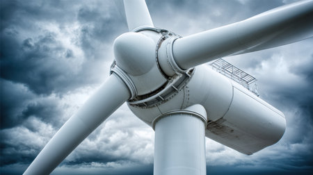 Modern wind turbine stands tall against a backdrop of dark, cloudy skies, reflecting advancements in renewable energy technology.の素材