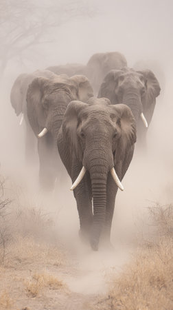 Elephants traverse a misty landscape, creating a magical moment in the wild during early morning hours.の素材