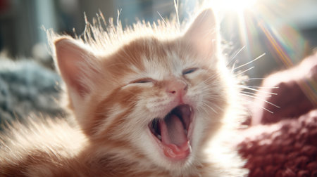 A small orange kitten stretches its mouth wide in a yawn, bathed in warm sunlight in a comfy indoor space, creating a delightful scene.の素材
