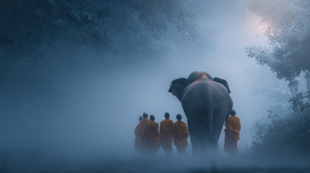 Monks ride an elephant through a serene, misty forest, embracing a peaceful and spiritual atmosphere during their journey.の素材
