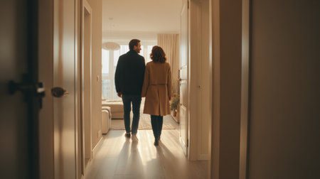 Bright sunlight fills a modern apartment as a young couple walks in together, taking in their new living space with excitement.の素材