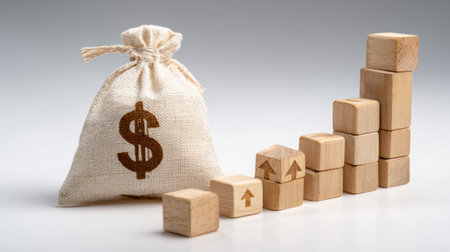 A money bag with a dollar sign is placed next to wooden blocks, which depicts an upward trend in financial growth and investment opportunities.の素材