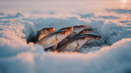 Perch fish rest on the snow around a hole, highlighting the joys of ice fishing in a cold, natural setting during wintertime.の素材