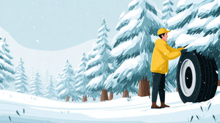 A man inspects tire tread depth in a snowy forest to ensure safe winter driving as snow falls around him in a peaceful setting.の素材