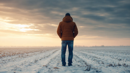 A man stands alone in a snowy field, looking into the distance as the sun sets, evoking feelings of quiet reflection and peace.の素材