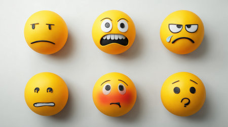 Six distinct emoticons illustrate a range of emotions including sadness, anger, confusion, and embarrassment against a simple white background.の素材