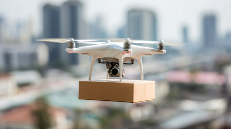 Drone hovers above city, delivering package to designated location, highlighting technology and efficiency in urban environments.の素材