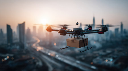 A transport drones a package above a futuristic city during sunset, highlighting technological progress and delivery efficiency.の素材