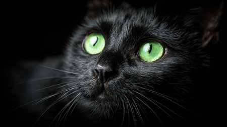 A black cat with vibrant green eyes sits calmly against a dark gradient background, creating an intriguing and mysterious atmosphere.の素材