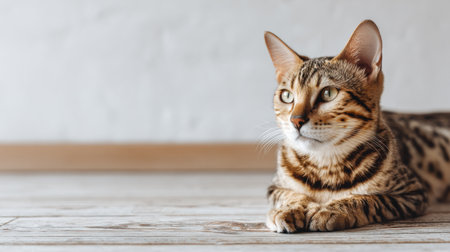 Bengal kitten sits gracefully on a wooden floor, showing its striking coat and alert expression in a cozy indoor space.の素材
