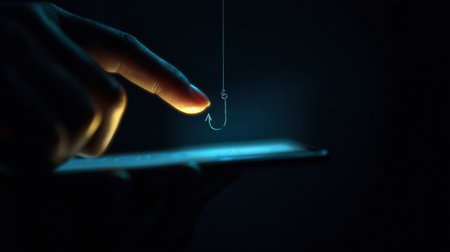 A finger taps a mobile screen showing a hologram of a phishing hook, warning users about online scams in low light.の素材