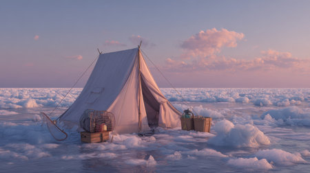 Calm morning light illuminates a frozen lake, showcasing a small fishing tent and scattered fishing gear, creating a peaceful scene.の素材