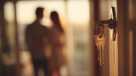 Keys hang in a door lock as a couple steps into their new home, wrapped in the warm light of a setting sun.の素材