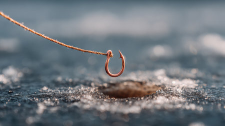 A close-up view of a fishing line and hook entering a frozen hole, capturing the stillness and excitement of winter fishing.の素材