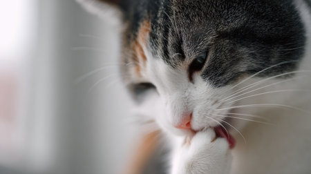 A cat is engaged in grooming, focusing on licking its paw in soft pastel light, creating a peaceful indoor atmosphere.の素材