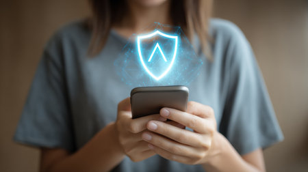 A woman focuses on her smartphone, while a holographic shield symbol appears, representing online privacy and data protection.の素材