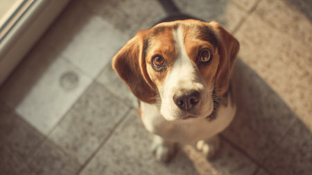 A beagle dog with floppy ears gazes up gently, illuminated by soft sunlight filtering through, highlighting its adorable features.の素材