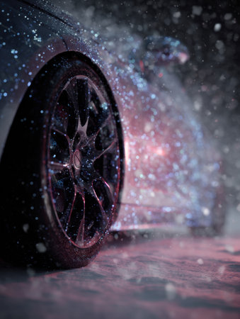 Snow particles create a holographic effect around a car wheel, blending technology and creativity in automotive innovation.の素材
