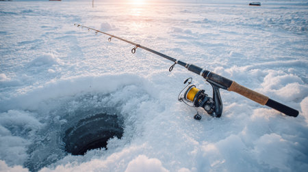 Fishing rod rests next to a drilled ice hole on a cold morning, surrounded by sparkling snow crystals, ready for winter fishing.の素材