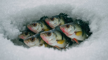 A group of perch fish rests on snow beside an open hole, showing a successful catch in a natural winter setting.の素材