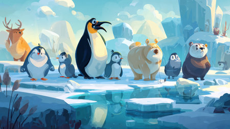 Animals gather on ice to fish in a colorful polar landscape during a bright winter day, creating a cheerful educational scene.の素材