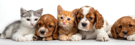 A group of adorable kittens and puppies play happily, showcasing their playful spirit against a bright white backdrop.の素材