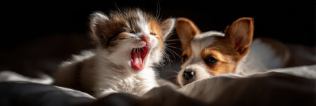 A kitten yawns sweetly next to a puppy as gentle morning sunlight fills the cozy space, creating a serene atmosphere of companionship.の素材