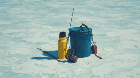 Fishing gear is set on a snow-covered surface, showcasing a rod, bucket, auger, and thermos under realistic lighting conditions.の素材