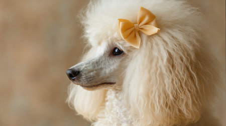Fluffy poodle with a charming bow sits gracefully in a studio, illuminated by soft light and a soothing background, showing casing elegance.の素材