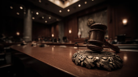 Gavel symbolizes authority in the courtroom where a judge prepares to deliver an important legal ruling.の素材