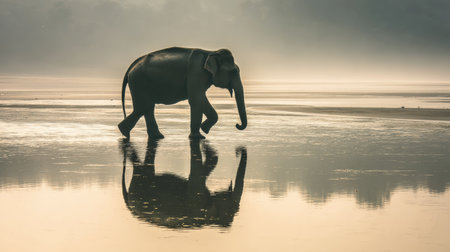 In soft morning light, an elephant silhouette strolls by tranquil water, its reflection captured in the stillness of dawn.の素材