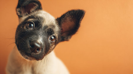 A playful puppy tilts its head with curiosity against a warm background, showing its adorable features and lively expression.の素材