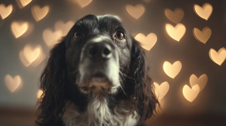 A cute dog sits happily in a cozy indoor space, illuminated by heart-shaped bokeh lights that create a warm and joyful atmosphere.の素材